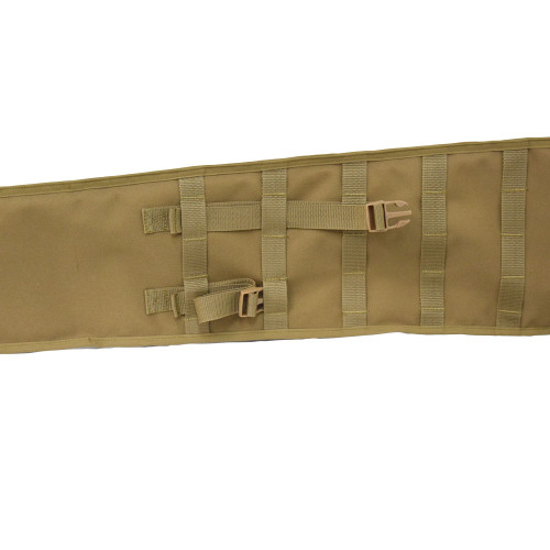 Coyote brown Shotgun Scabbard  close up of the adjustable buckles on the top front that can be pulled through MOLLE webbing to close the scabbard.