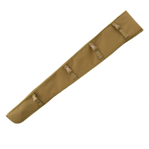Back of Coyote Brown Shotgun Scabbard with the unique 4 point Vehicle Attachment System with adjustable webbing and side release buckles to allow the scabbard to be fixed to a vehicle.
