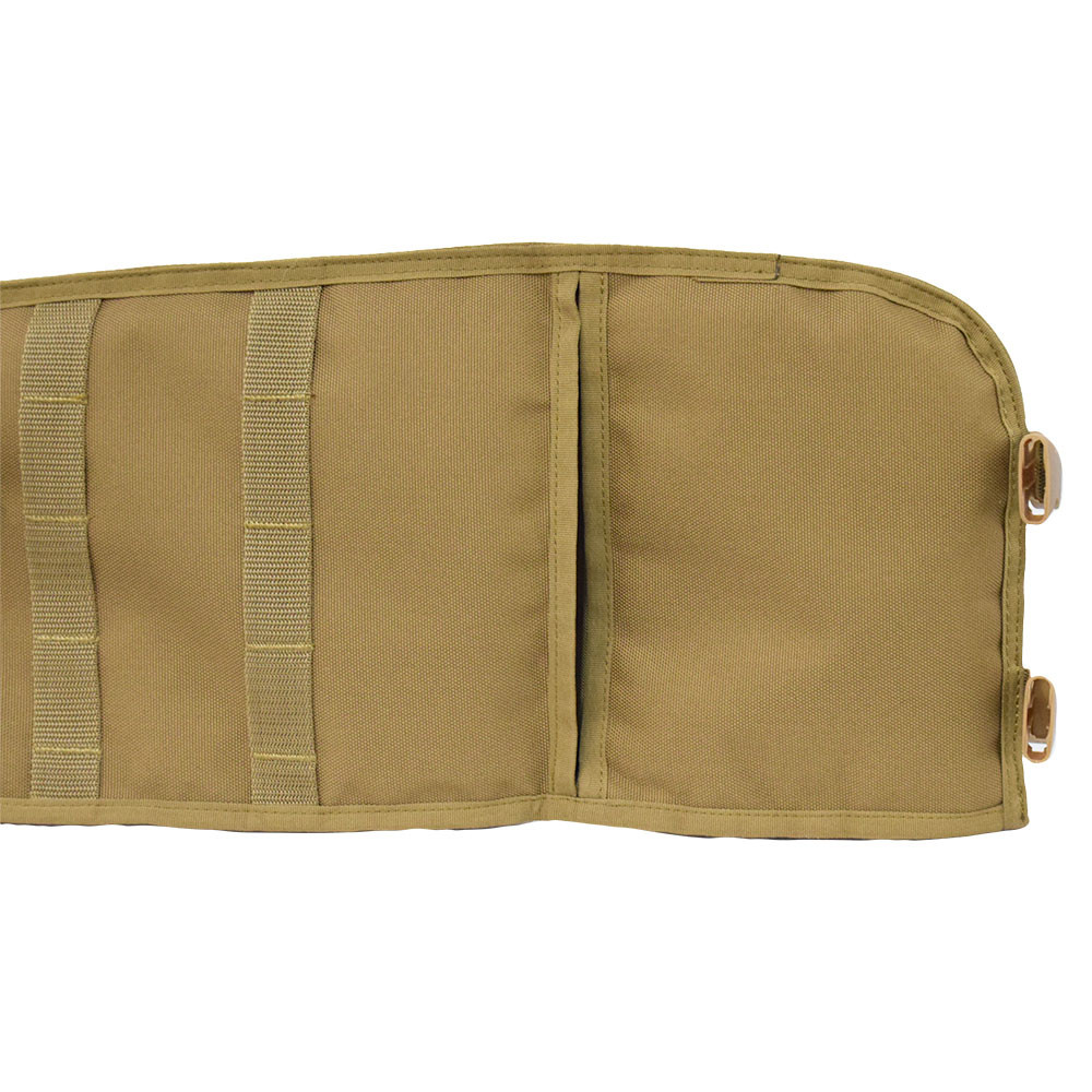 Coyote brown Shotgun Scabbard close up of the open closure flap at top that can be folded over and fastened with adjustable buckles to protect entire shotgun.