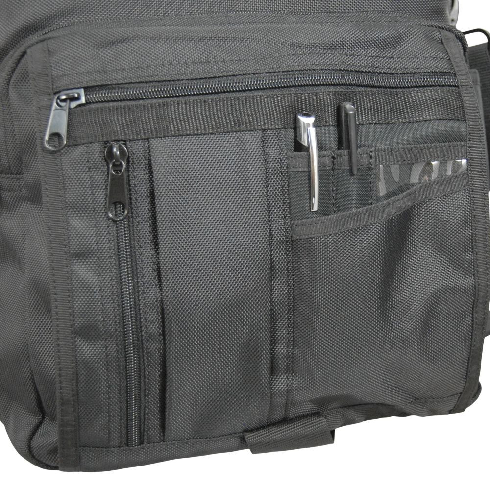 Front section has 2 small zippered pockets, several slip-in pockets, & a large zippered pocket for a small notepad, electronics, power cords, etc.
