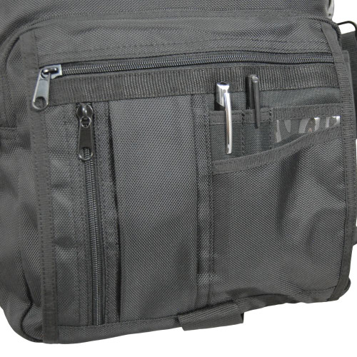 Front section has 2 small zippered pockets, several slip-in pockets, & a large zippered pocket for a small notepad, electronics, power cords, etc.