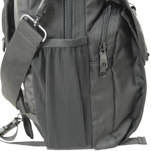 Close up of side stretch mesh pocket for water bottle on Business Backpack.