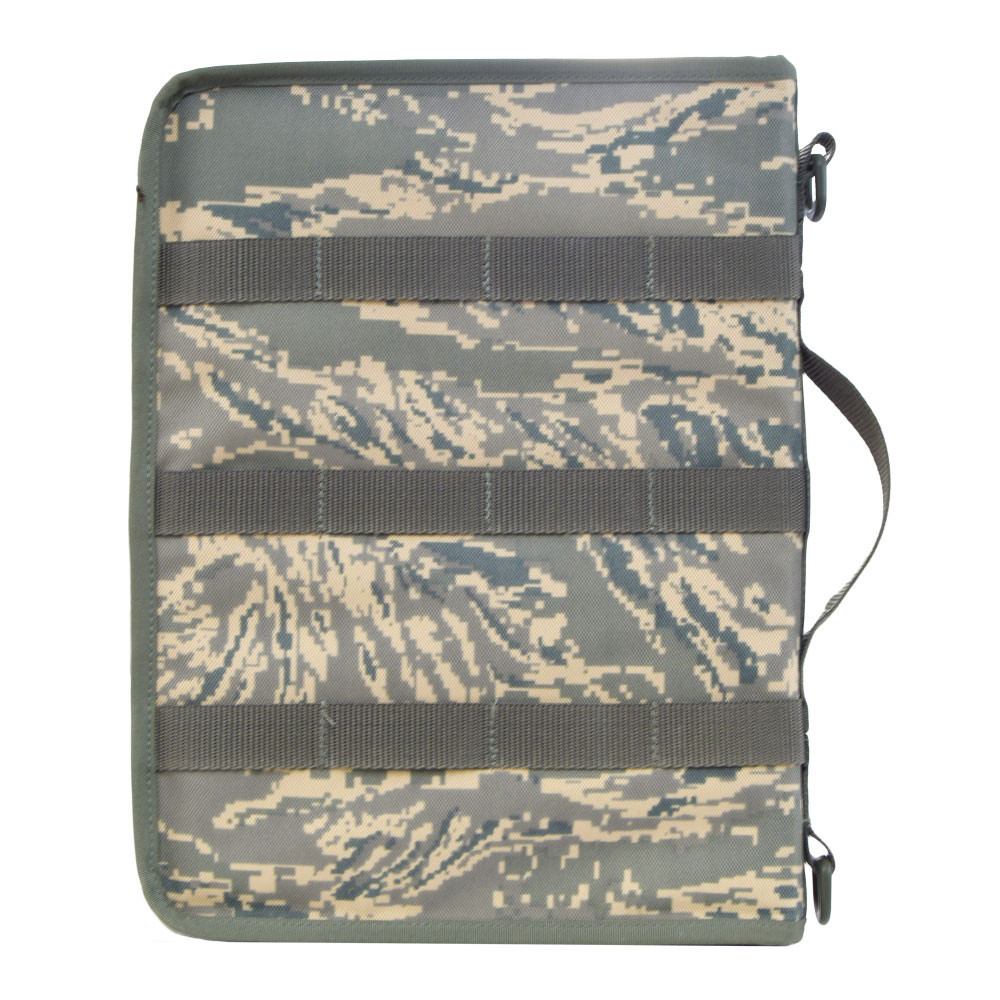 Secret Squirrel Tactical Padfolio in ABU back with three MOLLE webbing strips and grab handle on side.