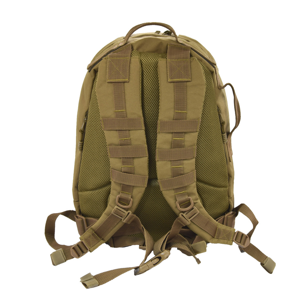 Pecos Tactical Backpack in coyote brown padded back and backpack straps with mesh lining for comfort and waist strap.