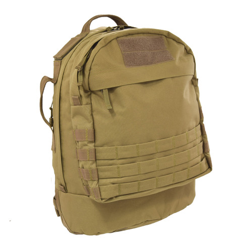 Pecos Tactical Backpack in Coyote Brown with loop backing on top for patches, front zippered pocket, and MOLLE webbing.