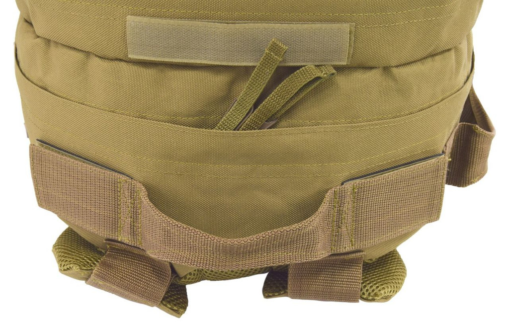 Grab handles on top and sides on the Pecos Tactical Backpack in coyote brown.