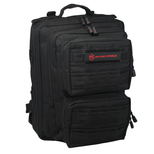 Front of black Midland Military Backpack with two small pockets, MOLLE webbing wrapped in fabric, Flying Circle patch with red letters on top pocket, and top grab handle.