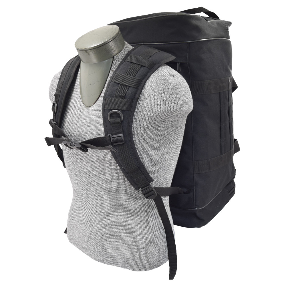 Easily transforms from a duffel to a backpack with stow-away straps stored in bottom pocket, backpack shown on mannequin.