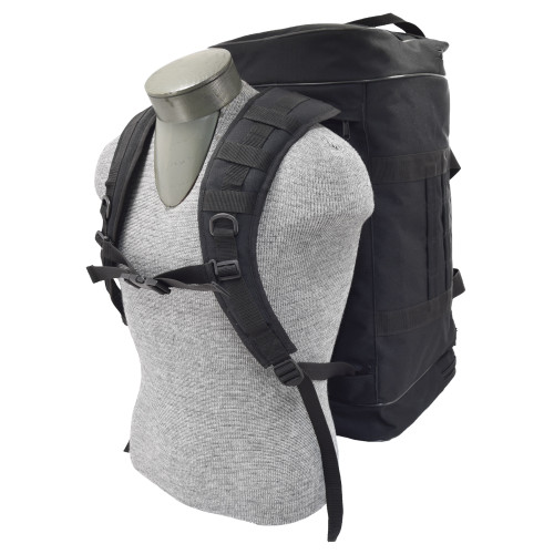 Easily transforms from a duffel to a backpack with stow-away straps stored in bottom pocket, backpack shown on mannequin.