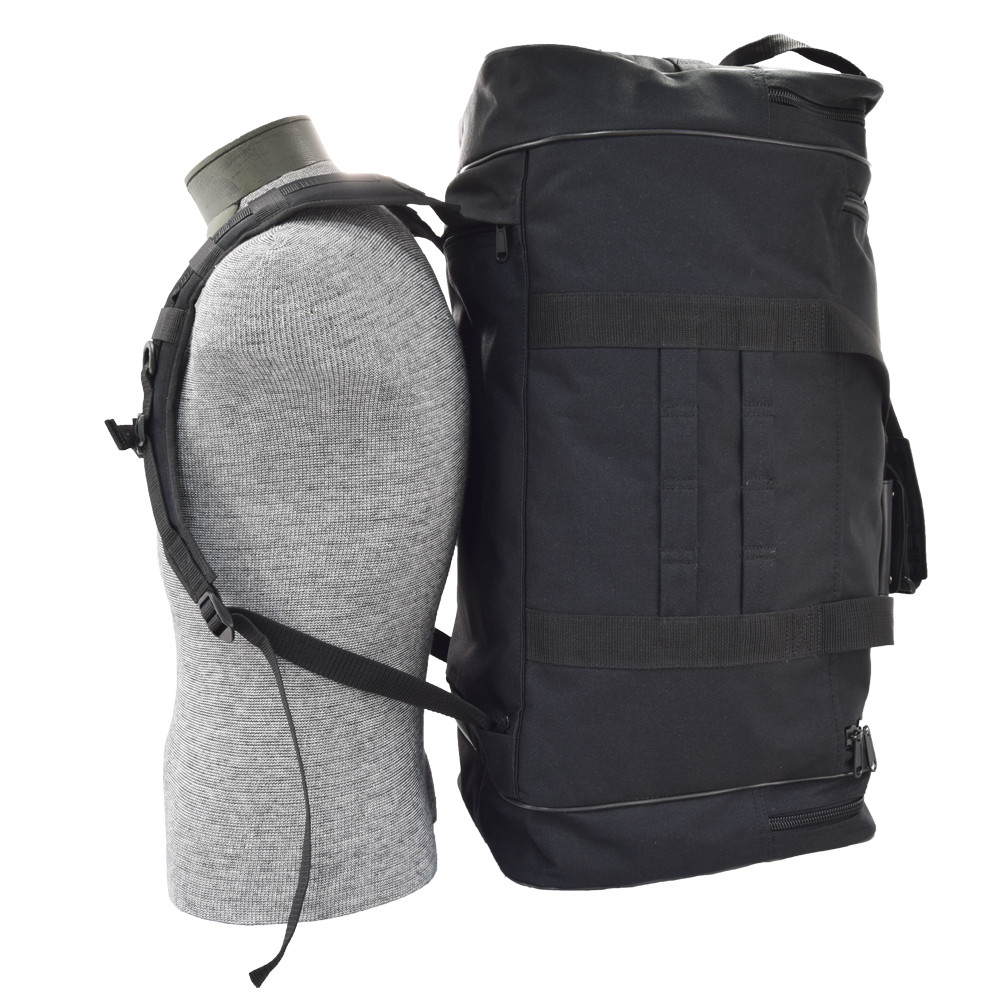 Easily transforms from a duffel to a backpack with stow-away straps stored in bottom pocket, backpack shown on mannequin from side angle.
