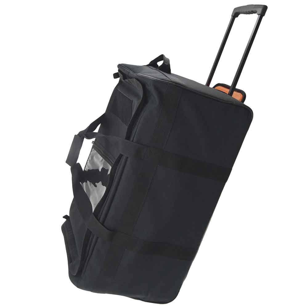 Black Buffalo Rolling Duffel side view on wheels.