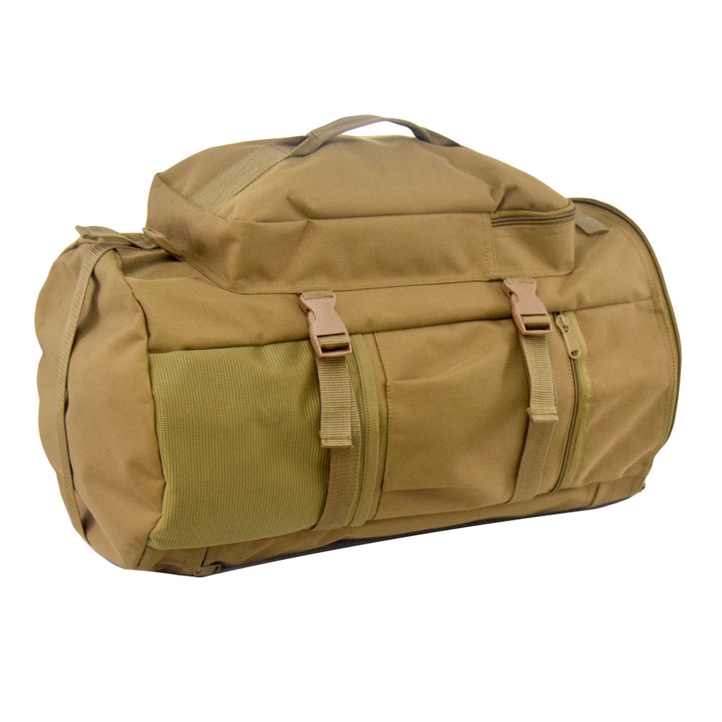 GTFO Top Load Duffel Backpack in coyote brown shown on side as a duffel and compression straps on sides and bottom.  Bottom strap can be used to carry items like a rolled jacket or sleeping bag.
