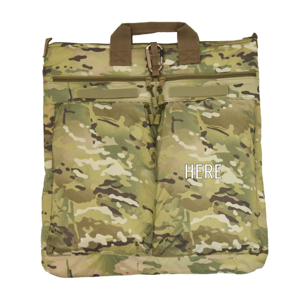 Monogram placement shown on right front pocket of Deluxe Helmet Bag in MultCam®.