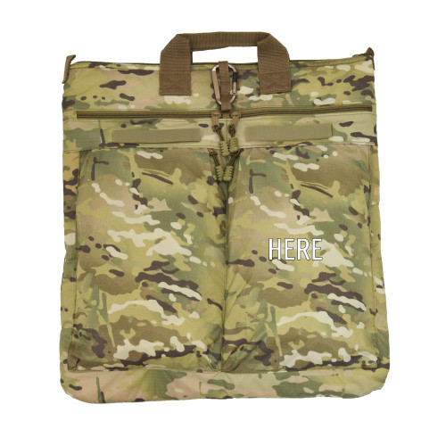 Monogram placement shown on right front pocket of Deluxe Helmet Bag in MultCam®.