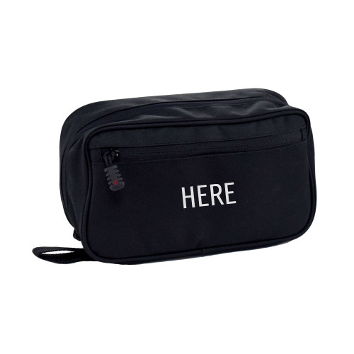 Concho Hanging Toiletry Bag in black shown closed with zippered pocket on front and monogram placement on center of bag.