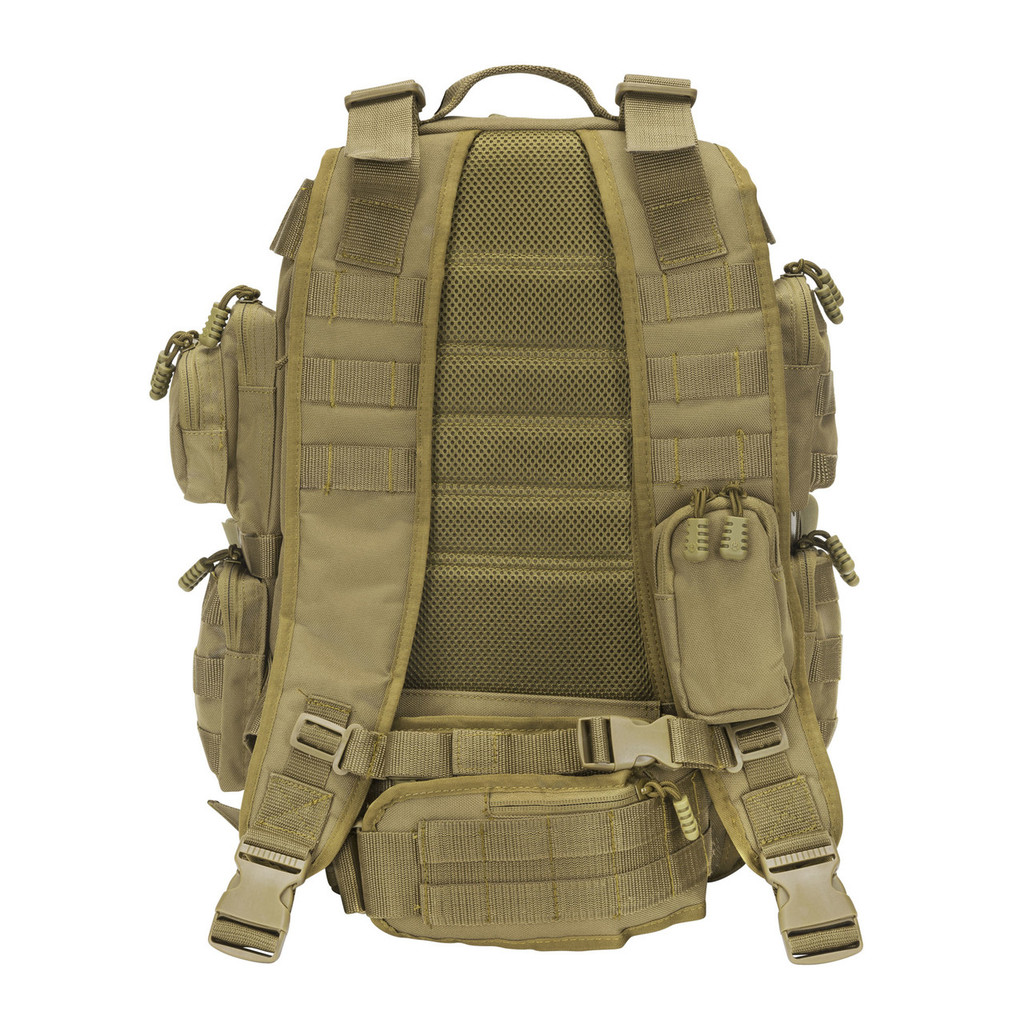 Brazos Concealed Carry Backpack in coyote brown with padded back and backpack straps with mesh lining for comfort, small zippered pouch on one backpack strap & sternum strap.