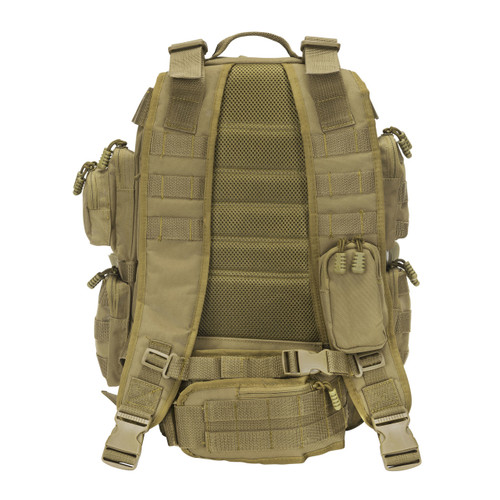 Brazos Concealed Carry Backpack in coyote brown with padded back and backpack straps with mesh lining for comfort, small zippered pouch on one backpack strap & sternum strap.