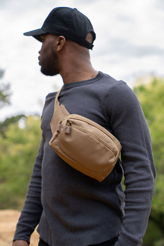 EDC Sling Bag & Waist Pack in Coyote Brown worn across chest.