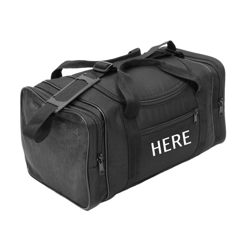 Square Sports Duffel in Black with monogram placement on front pocket.